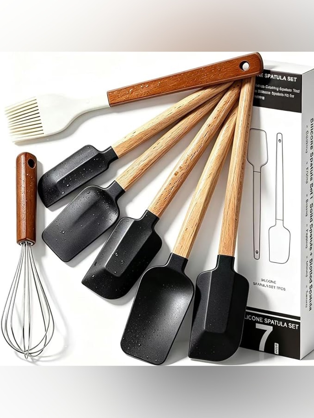 7-Piece Black Silicone & Wood Kitchen Tool Set